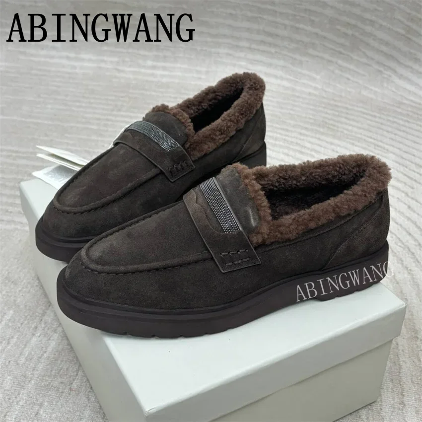 

2025 Autumn Winter Suede Inside Fur Flats Loafers for Women Slip On Runway Ladies Office Shoes Lazy Shoes Women Warm Shoes