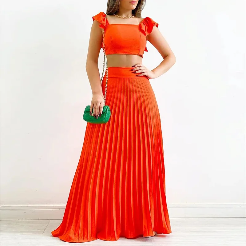 2023 Summer Casual Two Piece Set for Women Sexy Sleeveless Solid Color Top with Long Skirt Set Elegant Sweet Dress Suit