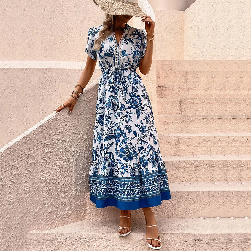 Robe de vacances pour femmes, taille serrée, ligne a, couleur contrastée, imprimé Floral, col en V, manches courtes, Style ethnique, longueur cheville, été