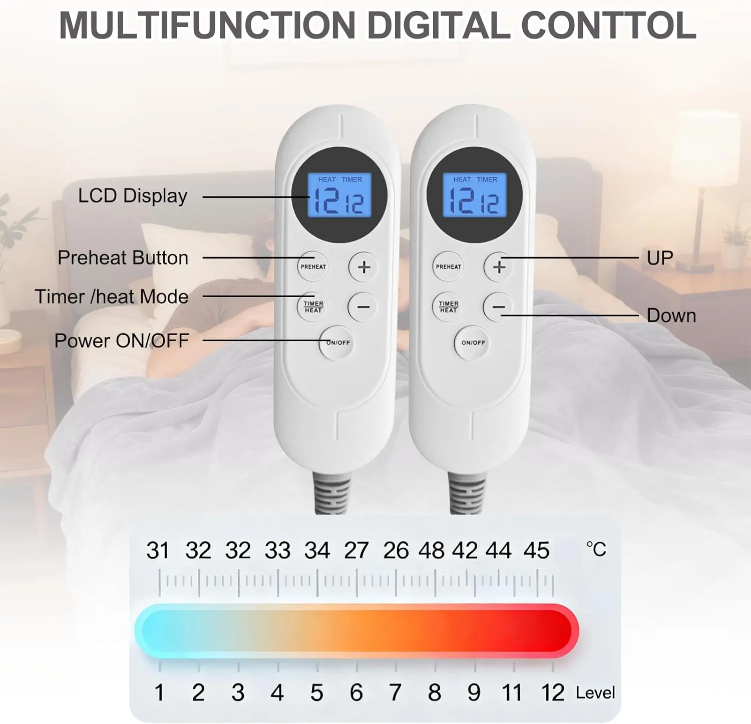 King 90x100 Electric Heated Blanket with Dual Control, 12 Heat Levels, Timer, Overheat Protection, Machine Washable