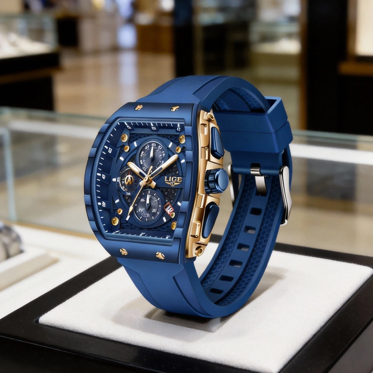 

Мужские часы LIGE: спортивный стиль, большой кожаный ремешок, гоночный дизайн, повседневные, модные, оригинальные, черные с розовым золотом, кварцевые, с календарем, Relogio