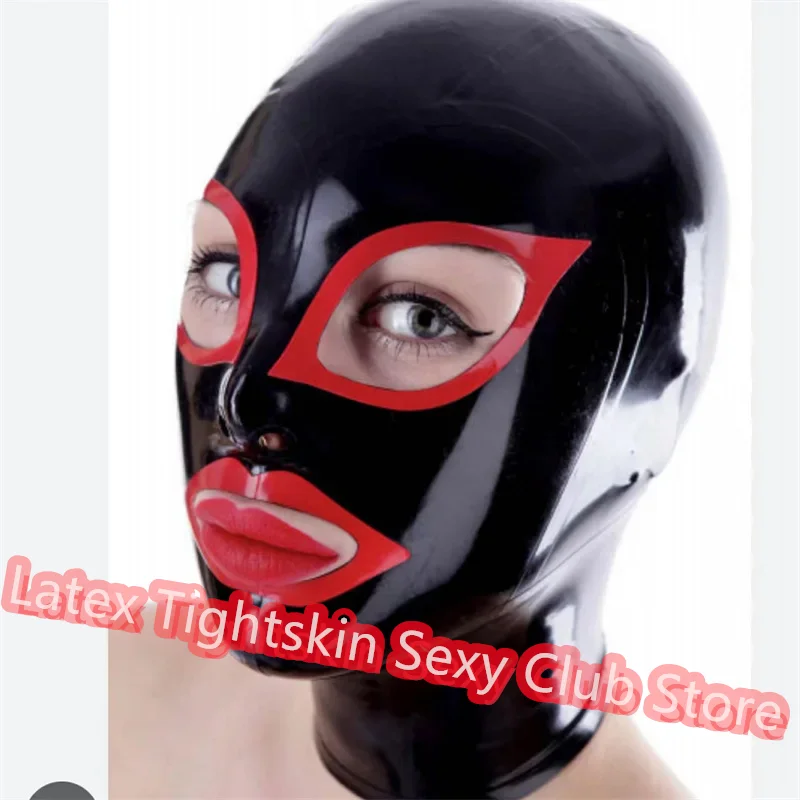 

Latex Hood Rubber Masks Black with Red Trim Sexy Headgear Rear Zip Customized 0.4mm Halloween Cosplay Costumes for Men Women