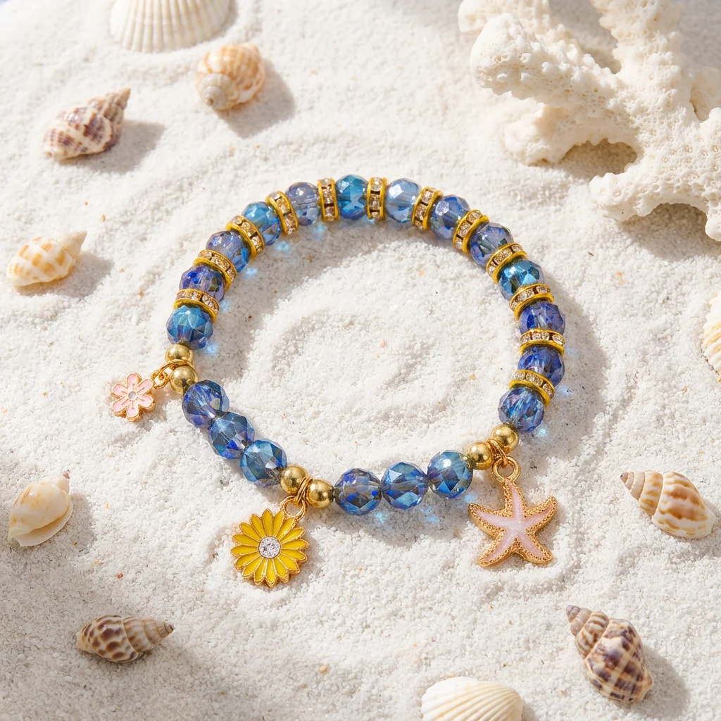 Böhmisches Blaues Kristall-Perlenarmband für Frauen Goldfarben Seestern Sonnenblumen-Anhänger Elastische Handkette Sommer-Schmuck Geschenk – Detail 4