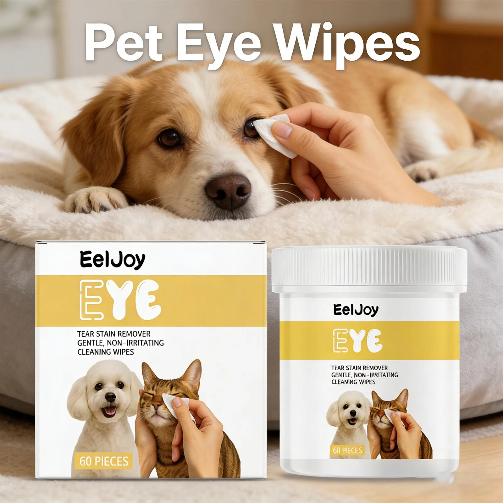 

60pcs Pet Eye Wipes Soft Gentle Tear Stain Remover No Rinse For Dogs Cats Daily Eye Cleaning Care Pet Hygiene