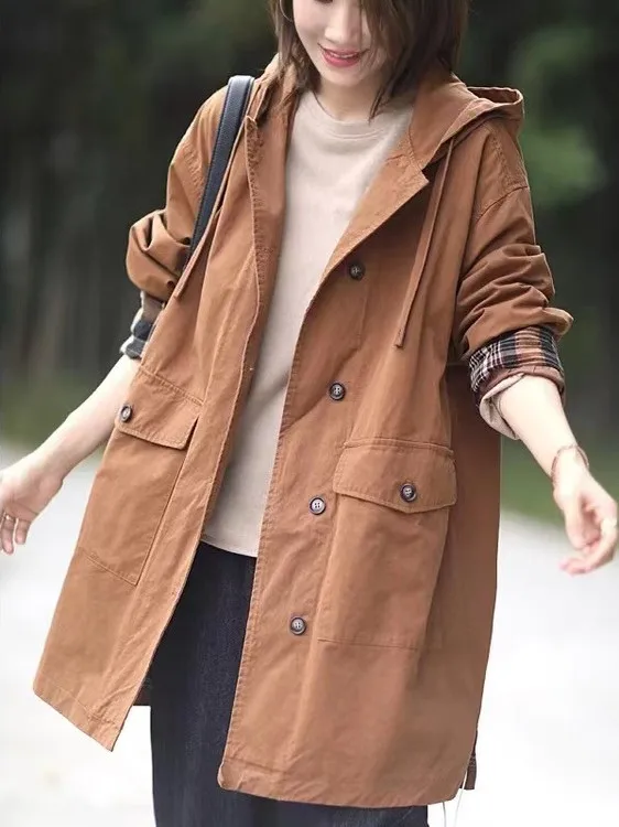 Ele Cotton Hooded Women's Jaet Versatile Loose Slimming Autumn Simple Matching Mid-Length Outerwear Trendy