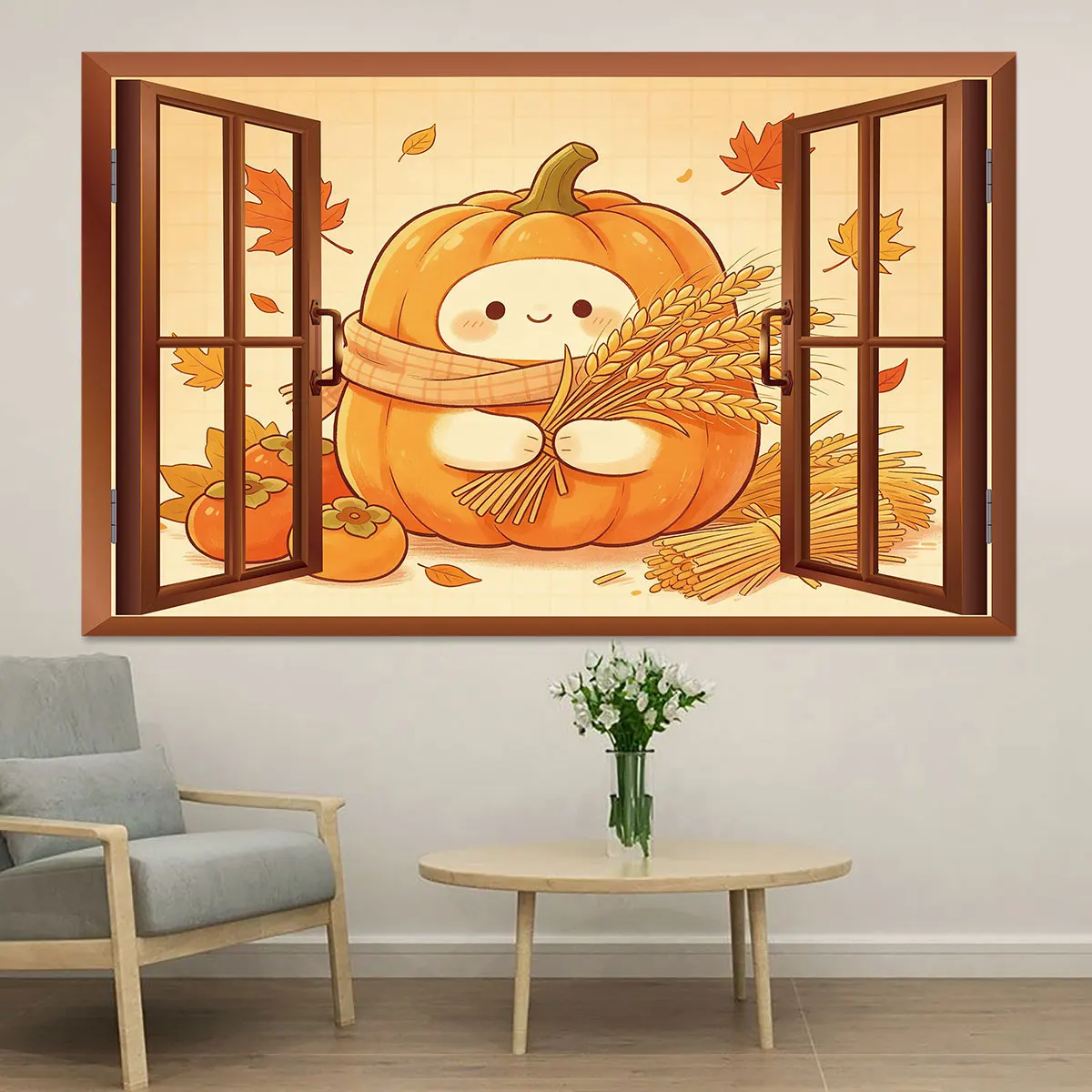 PVC self-adhesive cartoon pumpkin holding wheat ears autumn scenery wall sticker used to decorate and hide flaws on walls