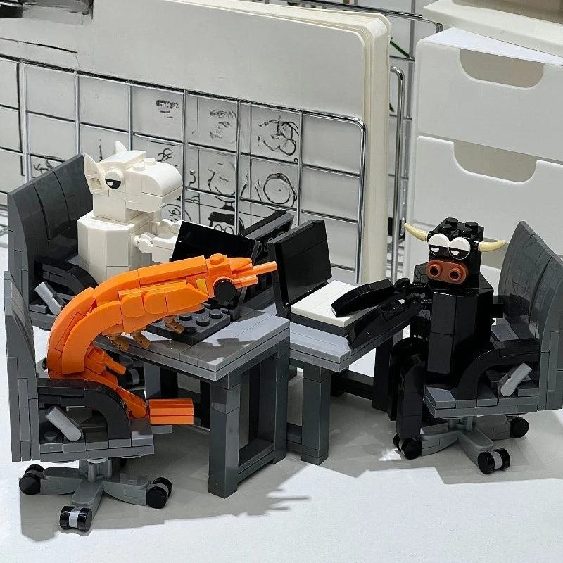 Satirical Office Animal Building Kit - MOC Shrimp & Bull Model for Adults, Funny Desk Decor Gift with Instruction Book