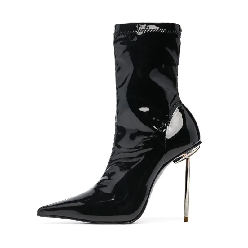 

Black Patent Leather Metal Thin Heeled Mid Calf Boots Women Pointed Toes Slip On Stretch Desinger Short Party Boots