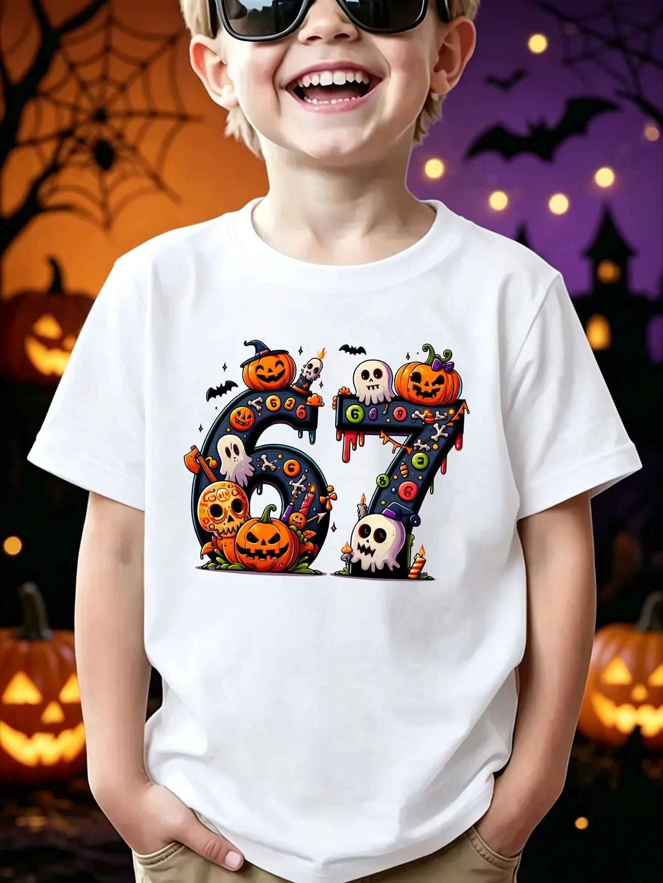 Kids Boys Girls Family Matching T Shirt Halloween Number Pumpkin Ghost Skull Graphic Print Short Sleeve Crew Neck Soft Daily Tee