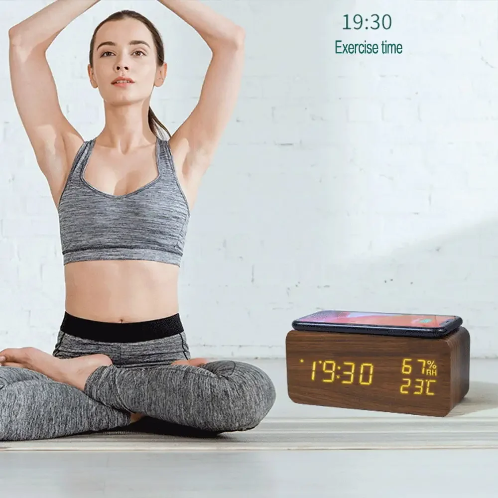 Digital Alarm Clock With Wireless Charging Home LED Small Bedside Clock With Temperature And Humidity Display Wood Grain Clock