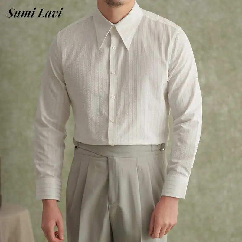 

Vintage Mens Long Sleeve Cardigan Tops Spring Autumn Casual Striped Textured Shirts Men Stylish Button-up Turn-down Collar Shirt