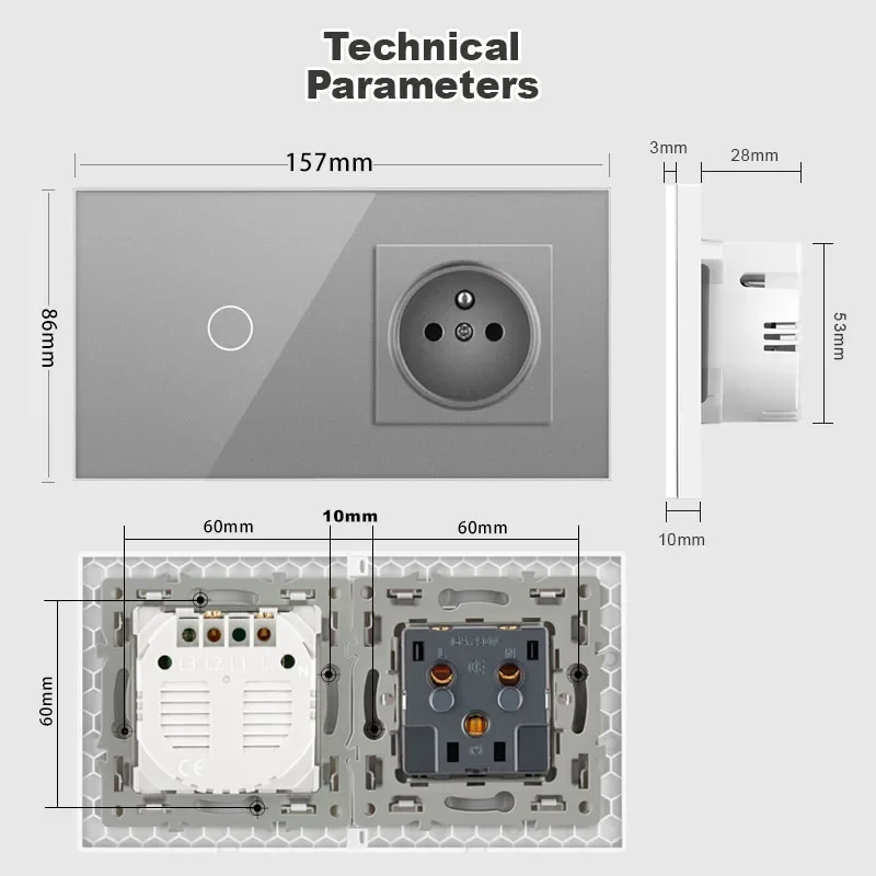 NYWP Touch Light Switch France Sockets USB C Phone Charge Crystal Glass 1/2/3Gang Wall Switches Double Sockets grey