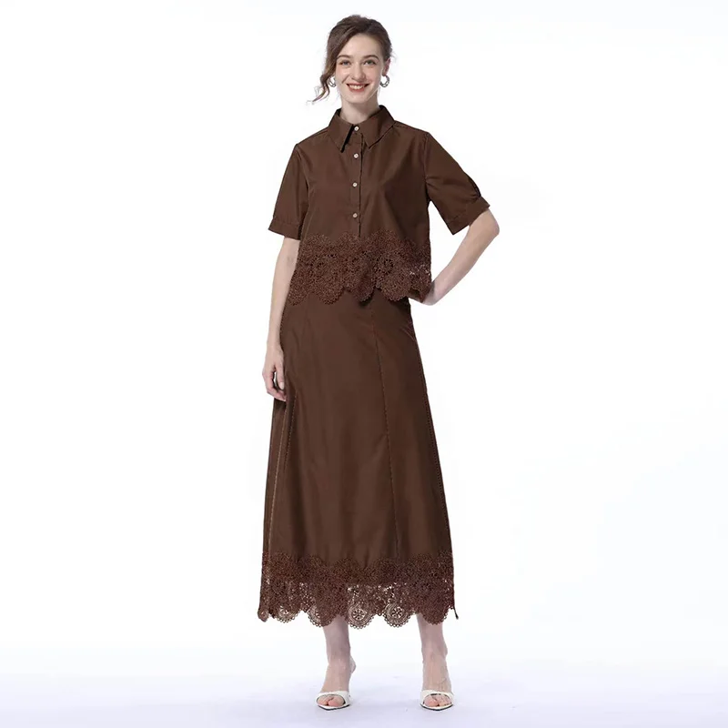 

Elegant 2 Piece Set Women Summer Lace Hollow Out Shirt Midi Skirt Matching Outfit Vintage Casual Office Lady Co-ord Suit