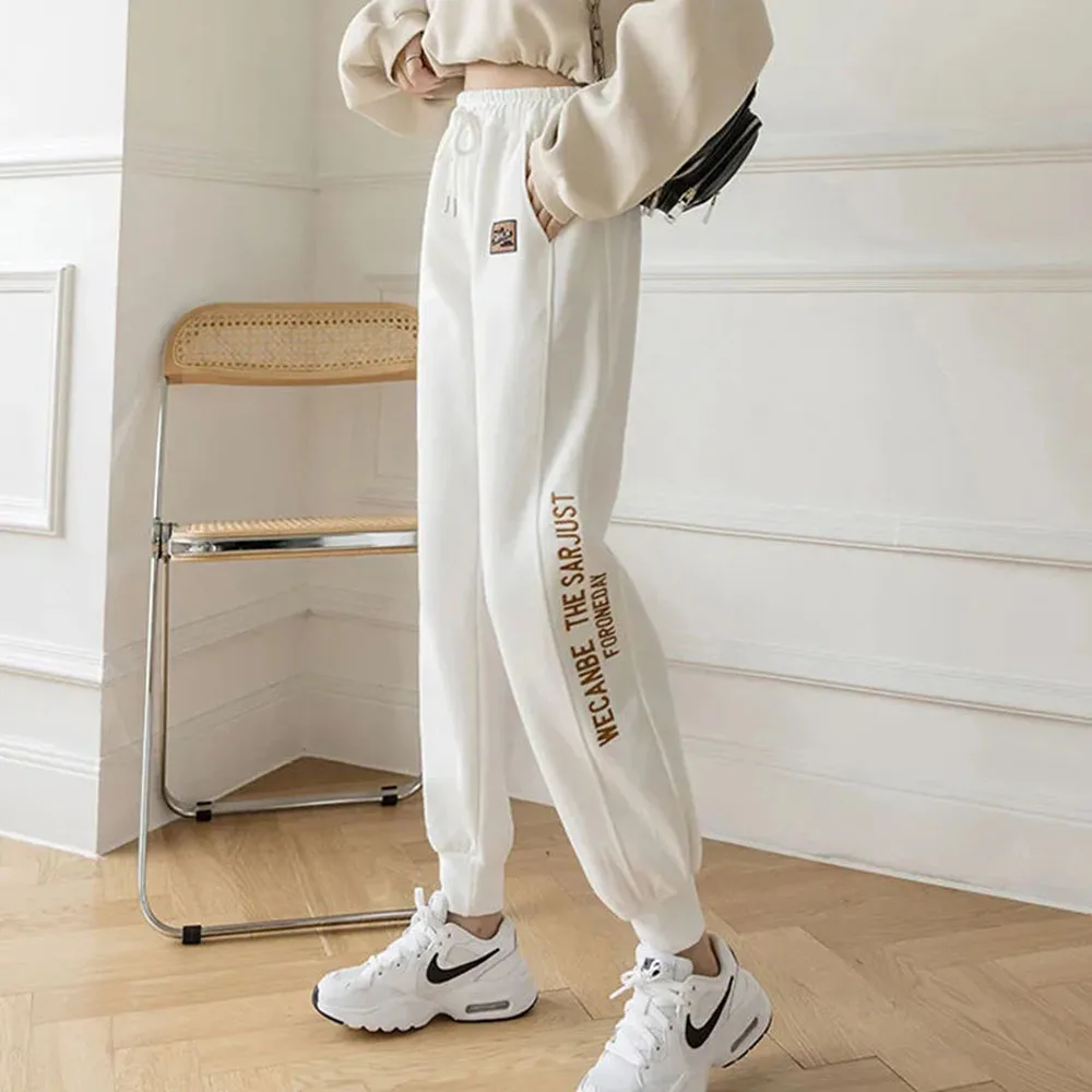 

Women Letter Print Panst Appliques High Waist Sports Joggers Pants Korean Casual Streetwear Trousers Elastic Waist Sweatpants