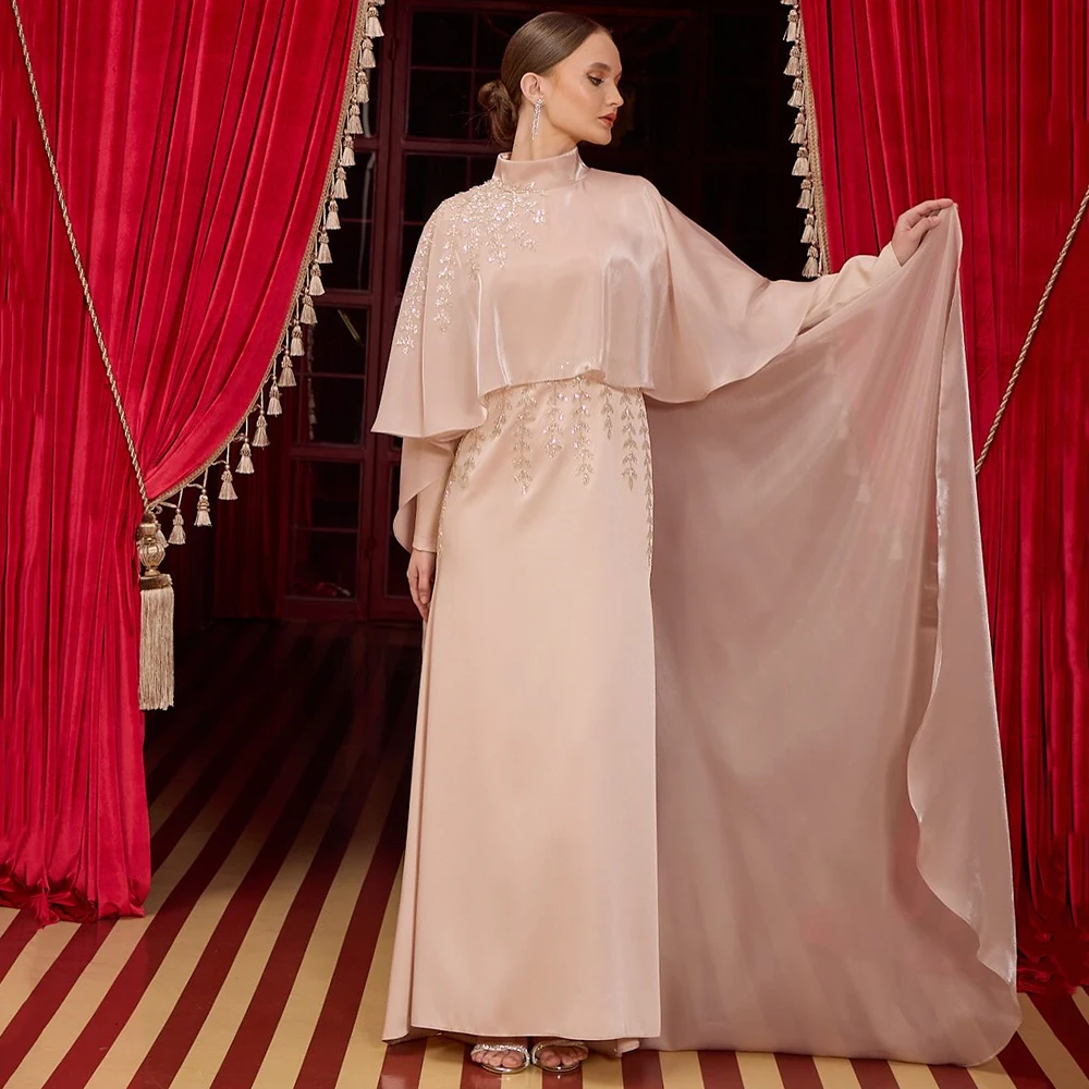 

Вечернее платье розового джерси с высоким воротом по индивидуальному заказу, вечернее платье с шифоновым шлейфом и длинными рукавами, вечернее платье с кристаллами до щиколотки, платье для выпускного вечера