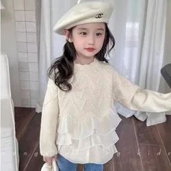 Abbigliamento per bambini ragazze principessa pizzo Patchwork maglione 2023 autunno e inverno nuovo addensato Kuit Casual Pullover Top