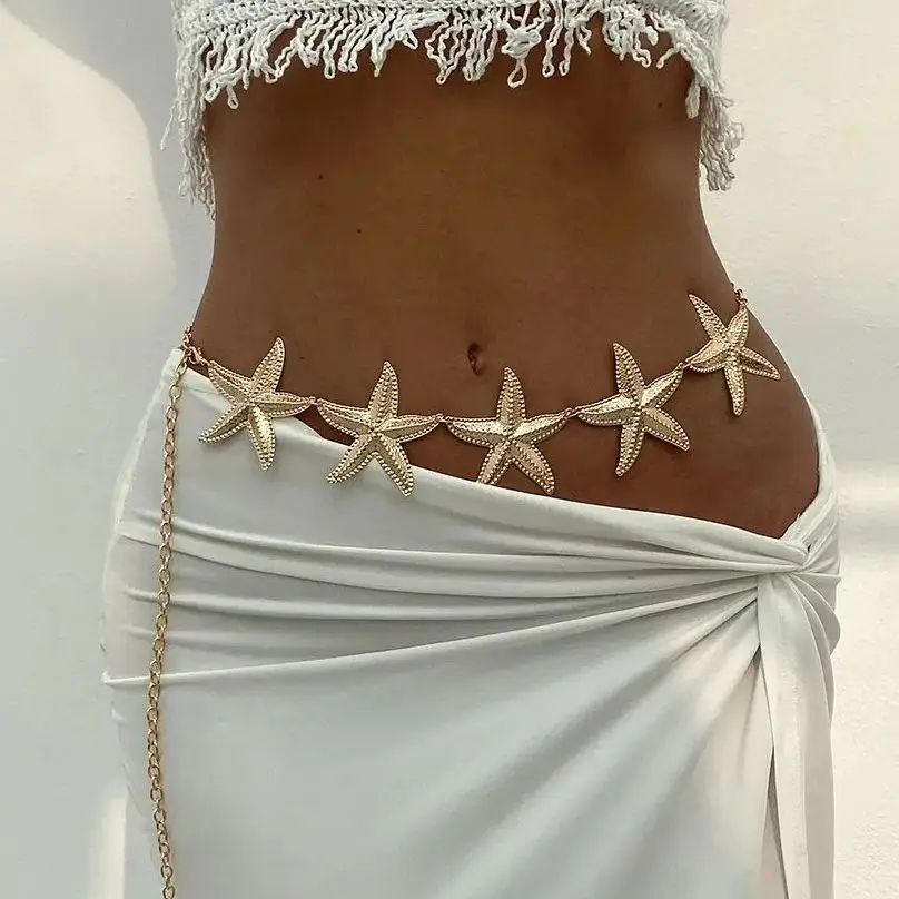 

KunJoe Sexy Simulation Starfish Adjustable Waist Chain for women Bikini Dress Belt Golden Belly Chain Summer Beach Body Jewelry