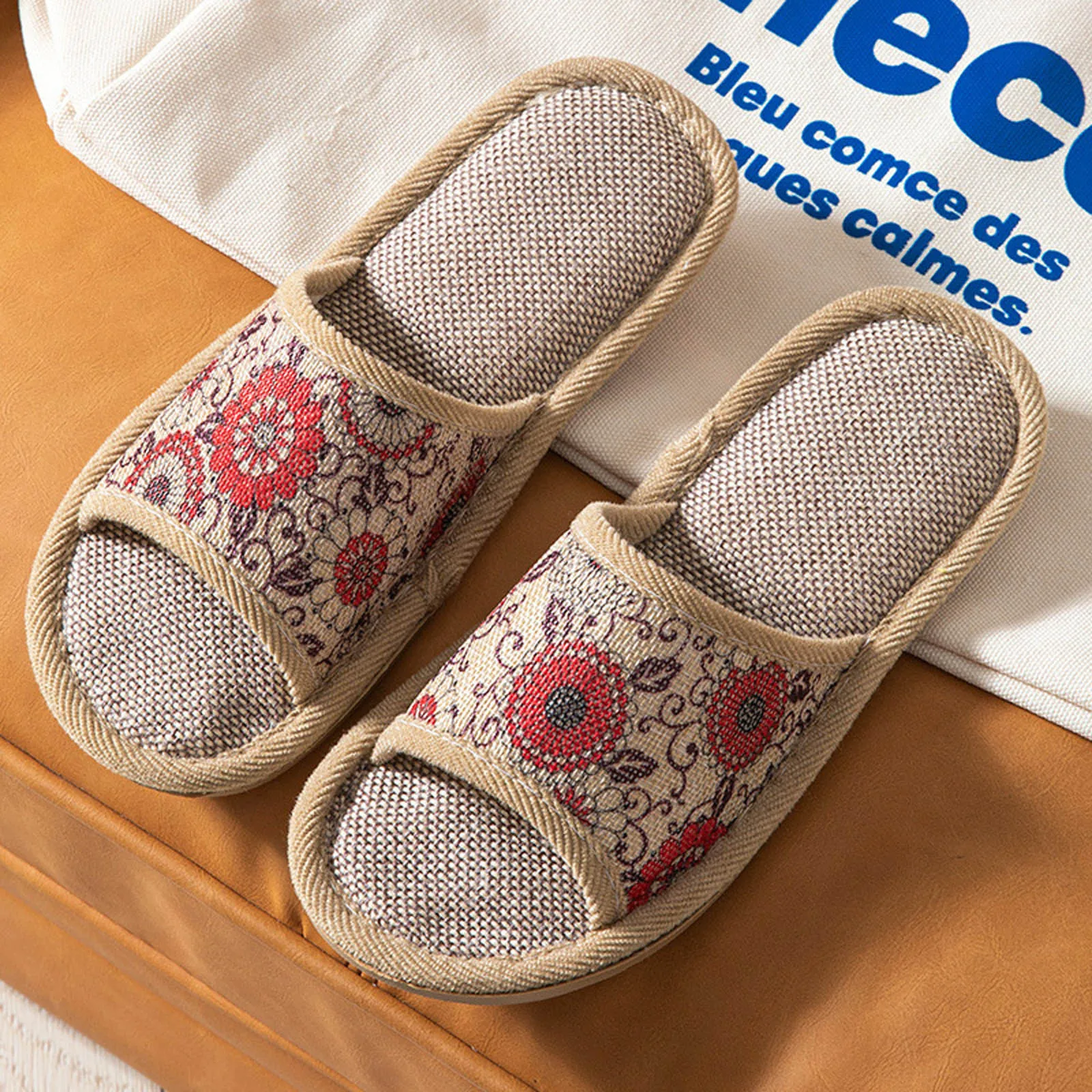 

Couple Home Linen Slippers Fashion Print Four Seasons Non Slip Indoor Cotton Slippers Open Toe Bedroom Silent Flats Slippers