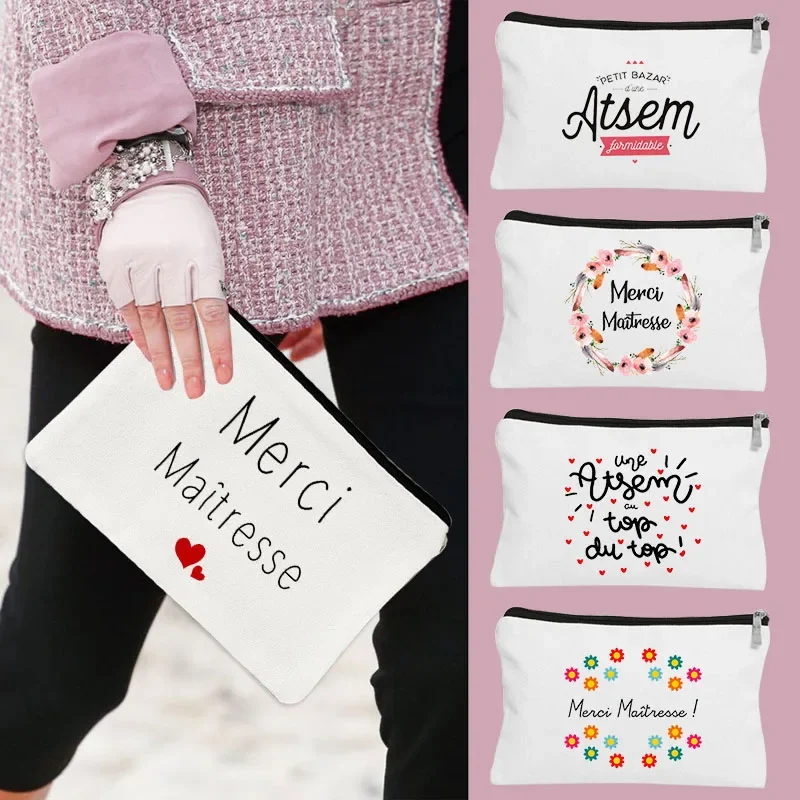 

Teacher's Day Gift Thank You Mistress Print Makeup Pouch Zipper Lipstick Storage Women Canvas Cosmetic Bag Teacher Clutch Bag
