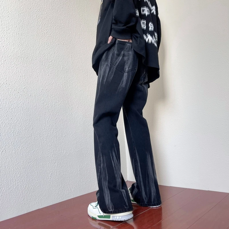 CUMUKKIYP Men's American Vibe Zipped Black Jeans with Split Wash and Straight Bell-bottomed Pants