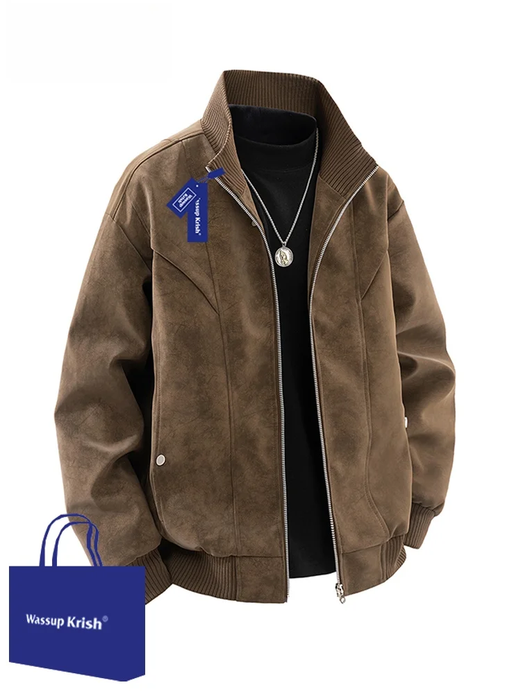 

Wassup Kri Brown Stand Collar Leather Jaet Men's Casual American Retro Large Size PU Leather Jaet Loose Fit Long Sve