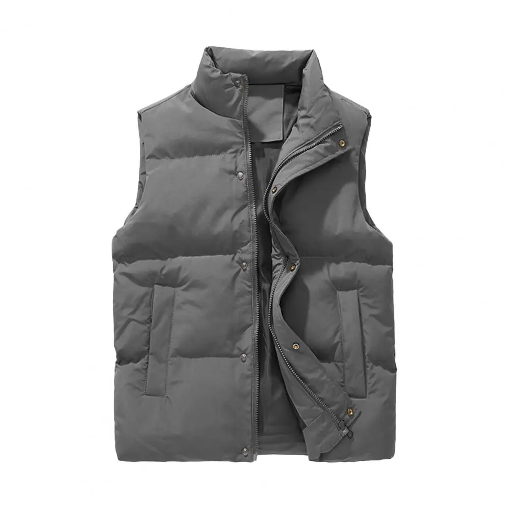 Plus Size Men Windproof Vest Stand Collar Sleeveless Button Zipper Waistcoat Solid Color Thickened Down Vest Coat