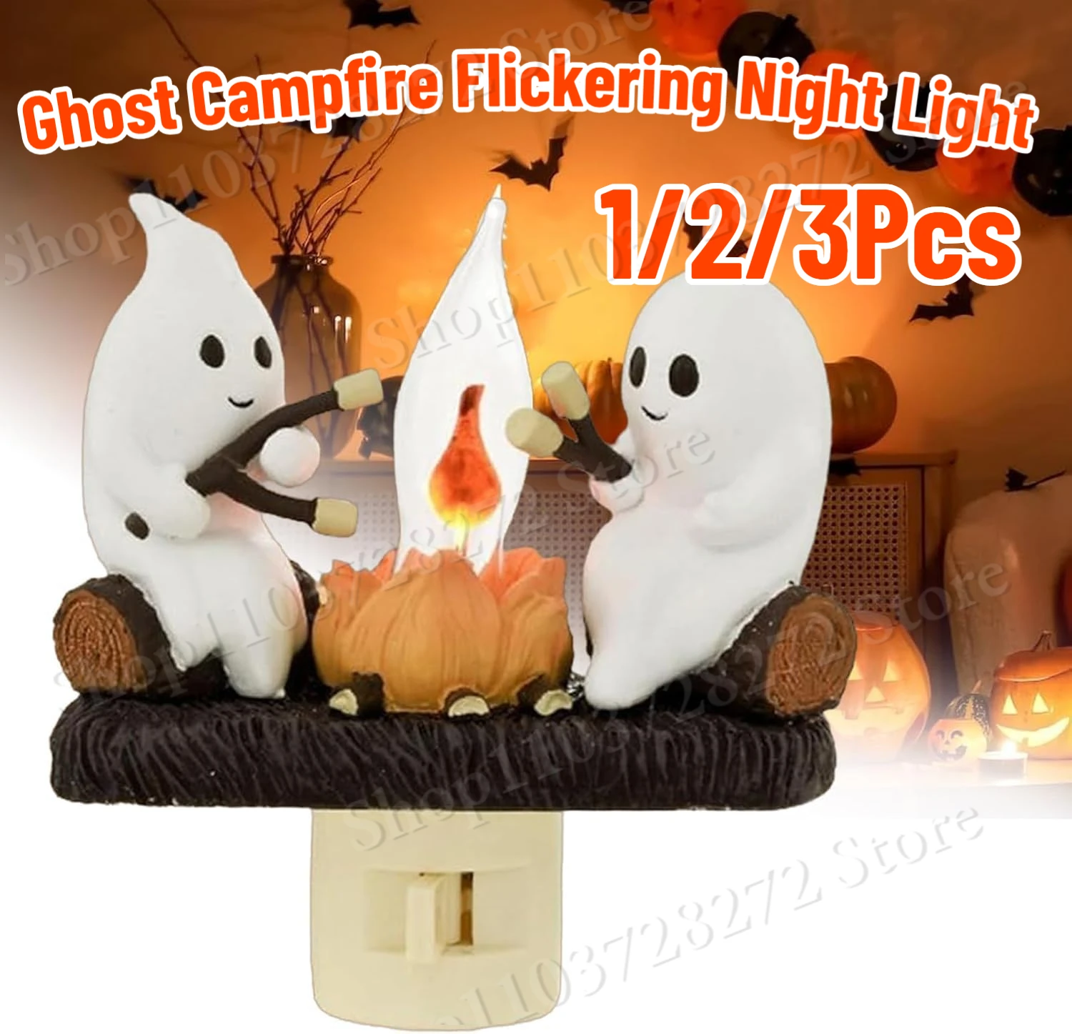 Ghost Campfire Flickering Night Light Ghosts Campfire Flicker Flame Halloween Nightlight 3D LED Small Electric Faux Campfire Nig