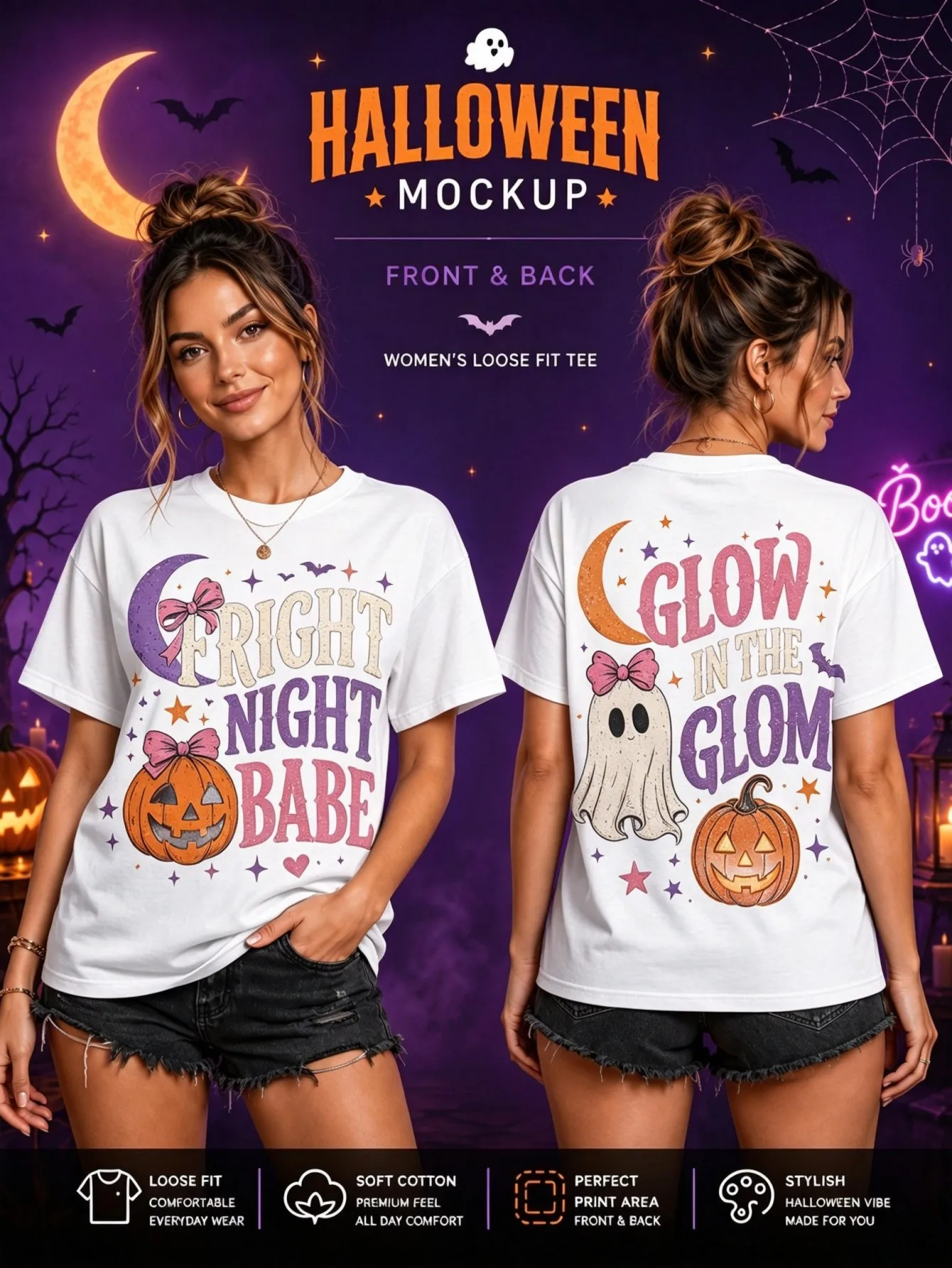 Ladies Halloween Ghost Pumpkin Moon Candy Bat Star Printed Short Sleeved T-shirt, Fun and Cute Dark Style Loose Fit