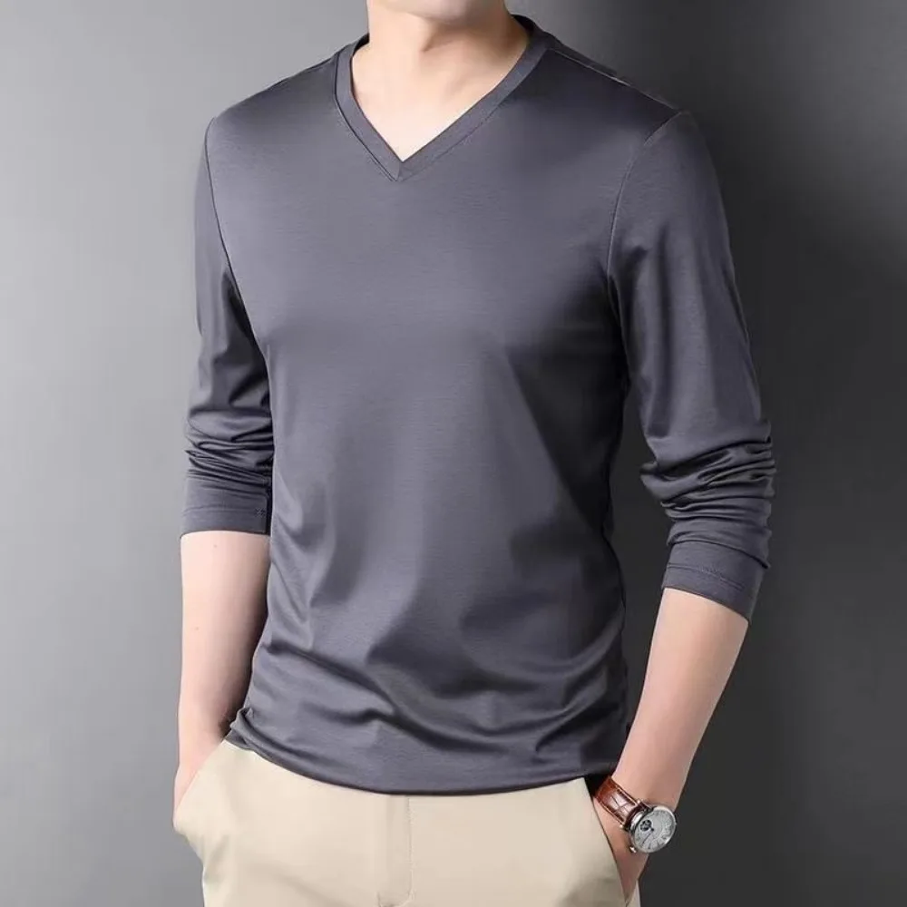 Fashion Luxury Men\'s Clothing Stylish V-Neck Men\'s Long Sleeve Casual Base Layer Tee T-Shirt Spring Autumn Tees Plus Size Tops