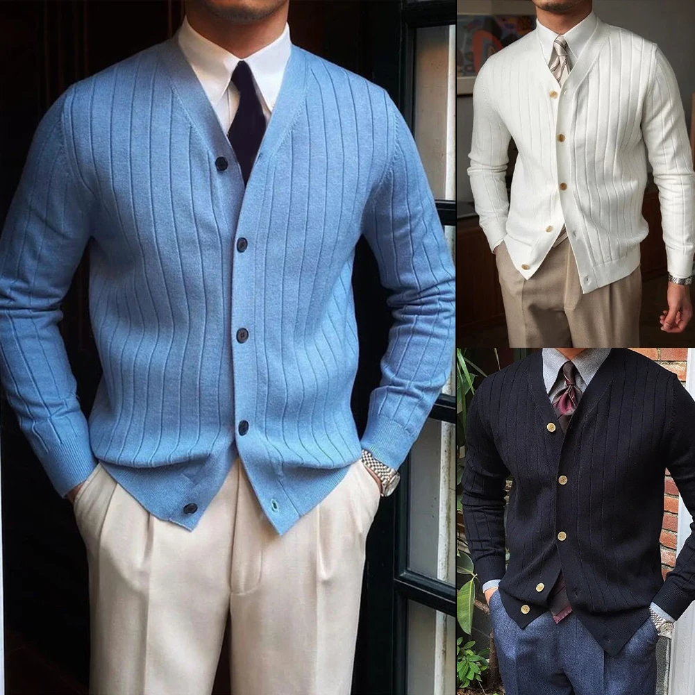 

Men Casual Business V Neck Cardigan Knit Sweatercoat Slim Fit Knit Sweater