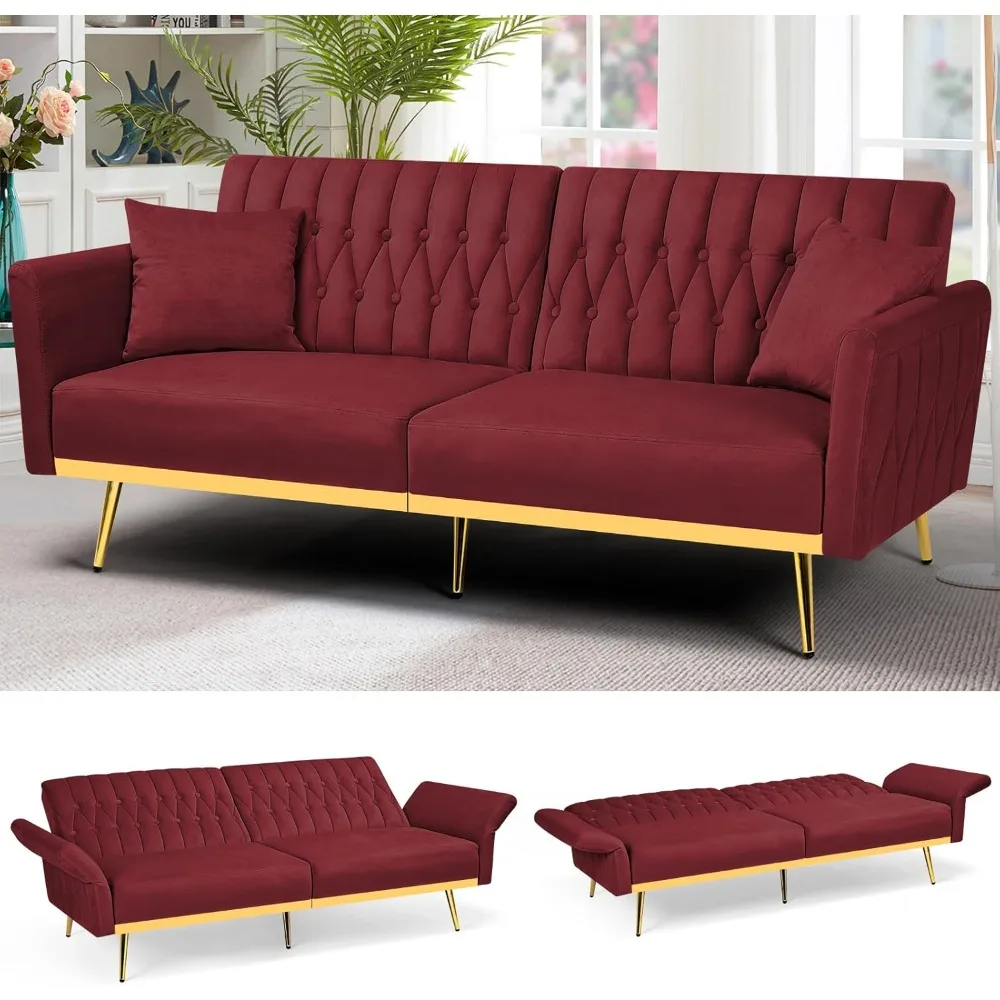 

70” Velvet Futon Sofa Bed with 2 Pillows and Adjustable Armrests, Convertible Sleeper Bed, Modern Loveseat for Living Room