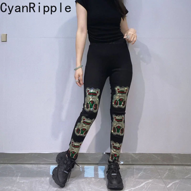 Streetwear New Spring Autumn Ankle-length Women Leggings High Stretch Colorful Bears Hot Diamonds Skinny Black Pencil Pants