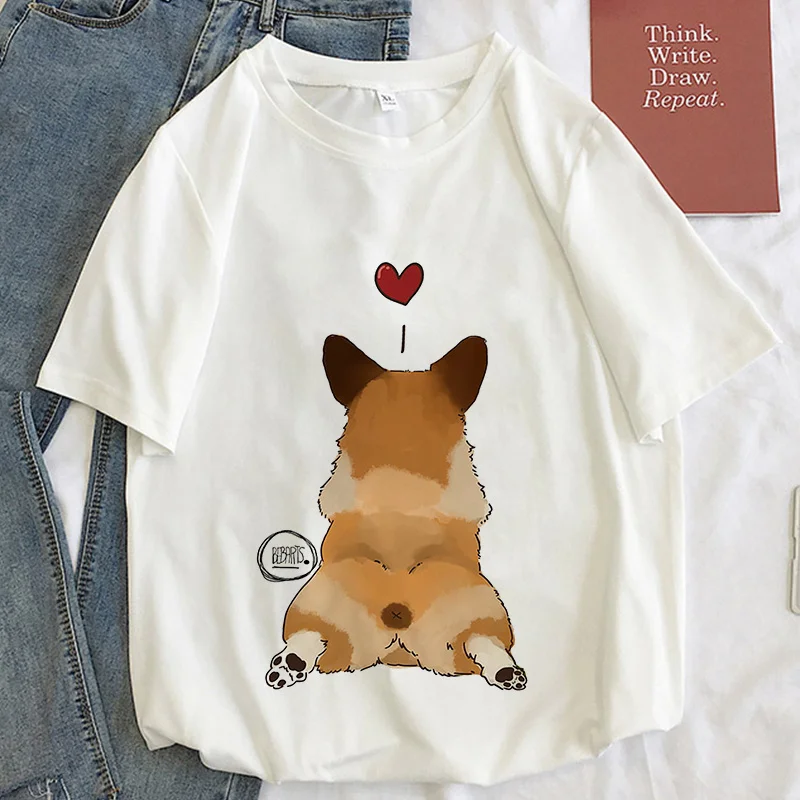 Corgi Kawaii Graphic Print T-shirt Women Harajuku Aesthetic White Top Kpop Tshirt Tee 2023 New Summer Fashion Y2k Female T Shirt