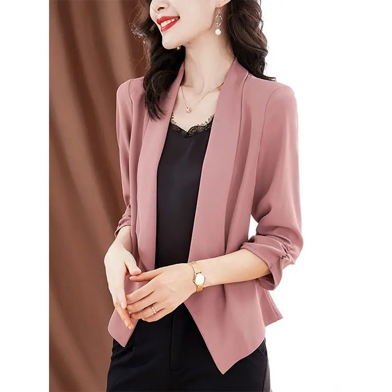 Summer New V-neck Fashion Three Quarter Blazers Women High Street Solid Color Casual Cardigan Elegant Pleated Loose Office Tops