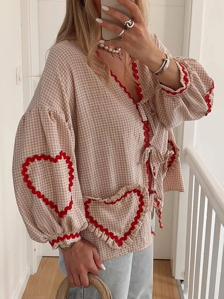 Vintage Woman Grid Print Heart Patchwork Lace Up Blouse Ladies Loose Elegant V-Neck Packet Party Outdoor Tops Girls  Female Chic