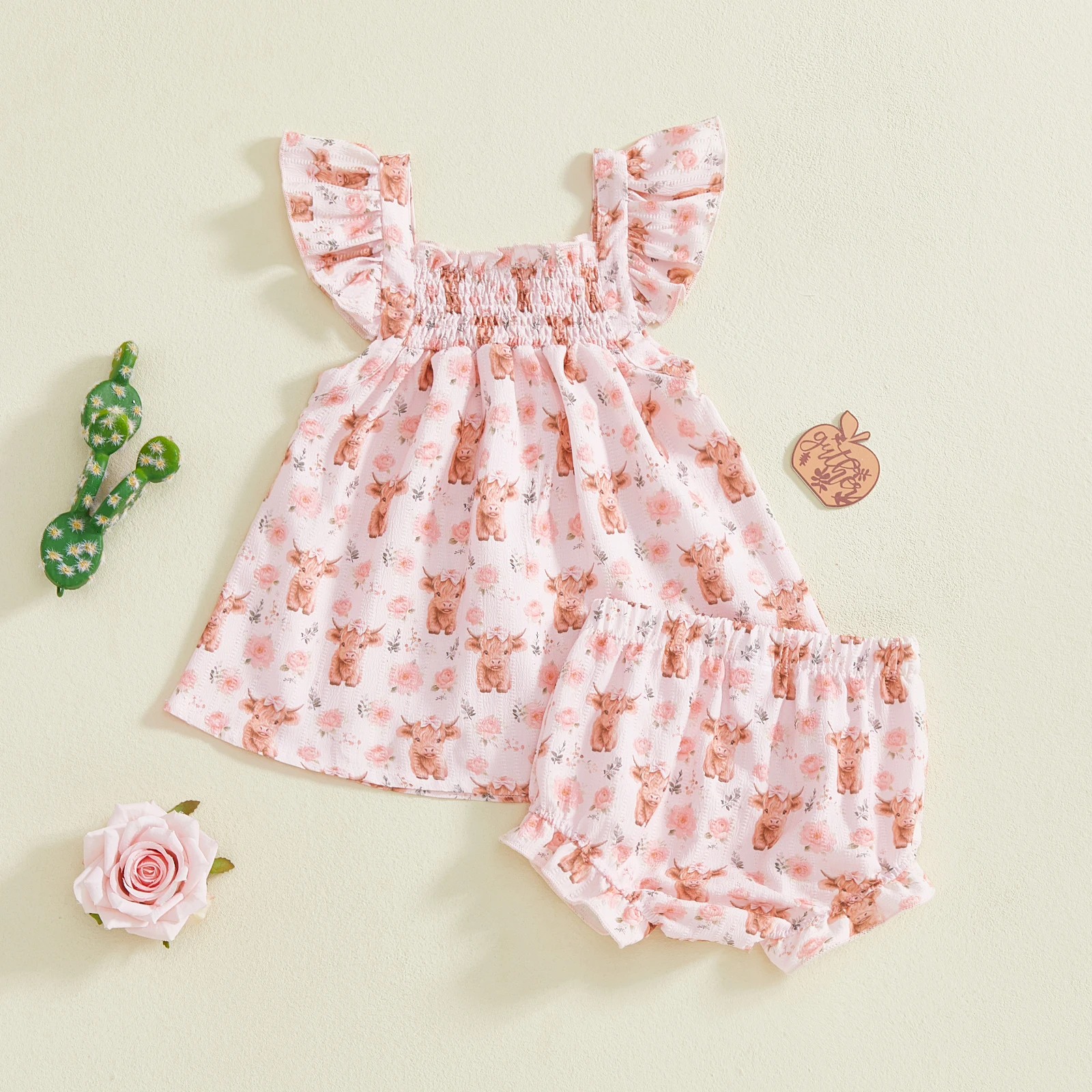 0-24M Infant Newborn Baby Girl Summer Outfits Highland Cattle Floral Print Ruffled Sleeve Tops with Matching Shorts 2 Piece Set