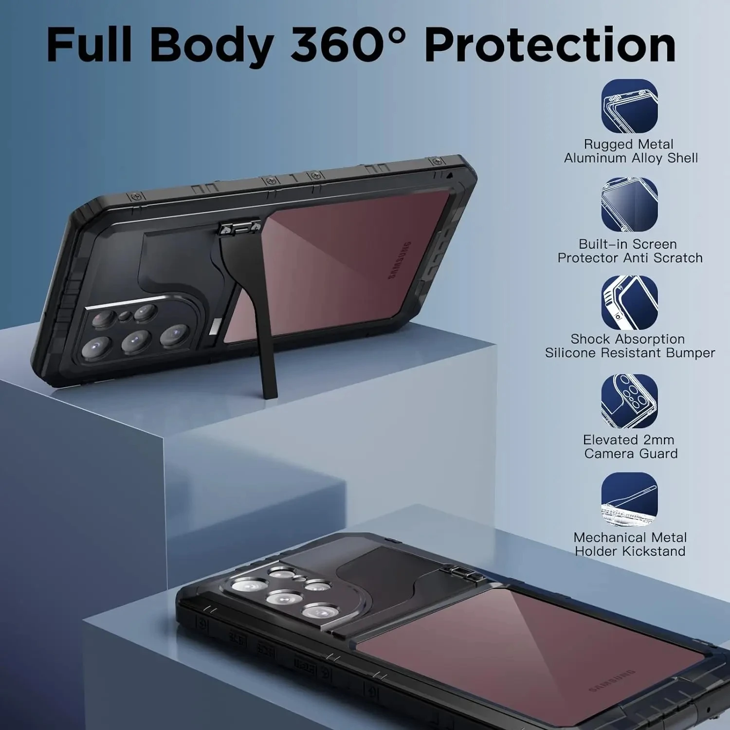 Heavy-duty metal stand Aluminum alloy metal waterproof housing for Samsung S23 S22 Ultra Plus shockproof cover screen protector