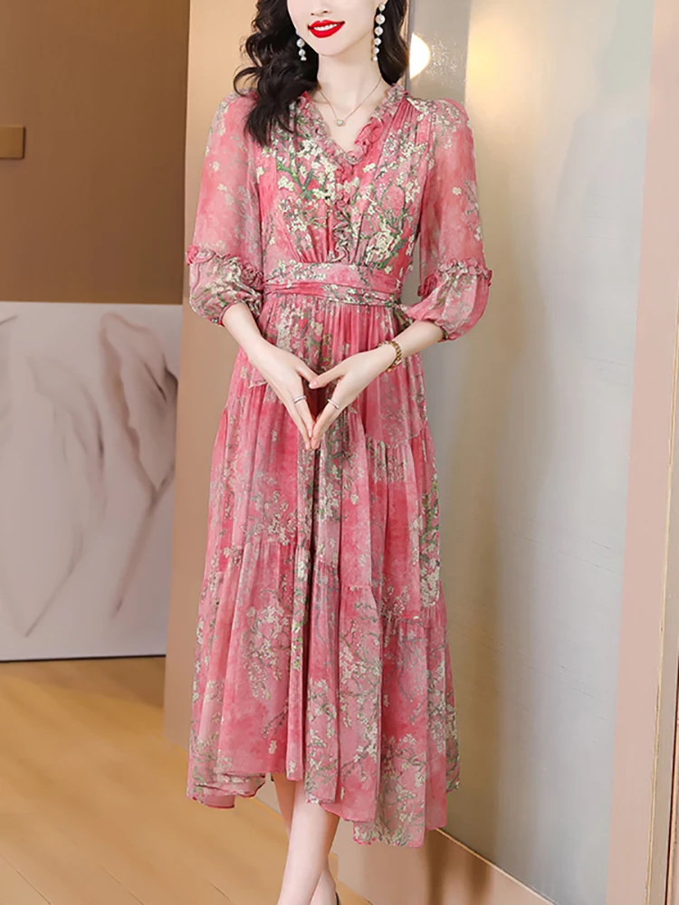 Spring Summer Pink Floral Silk Long Dress Women Fashion Casual Holiday Beach Dress 2024 Korean Elegant Luxury Dance Party Dress