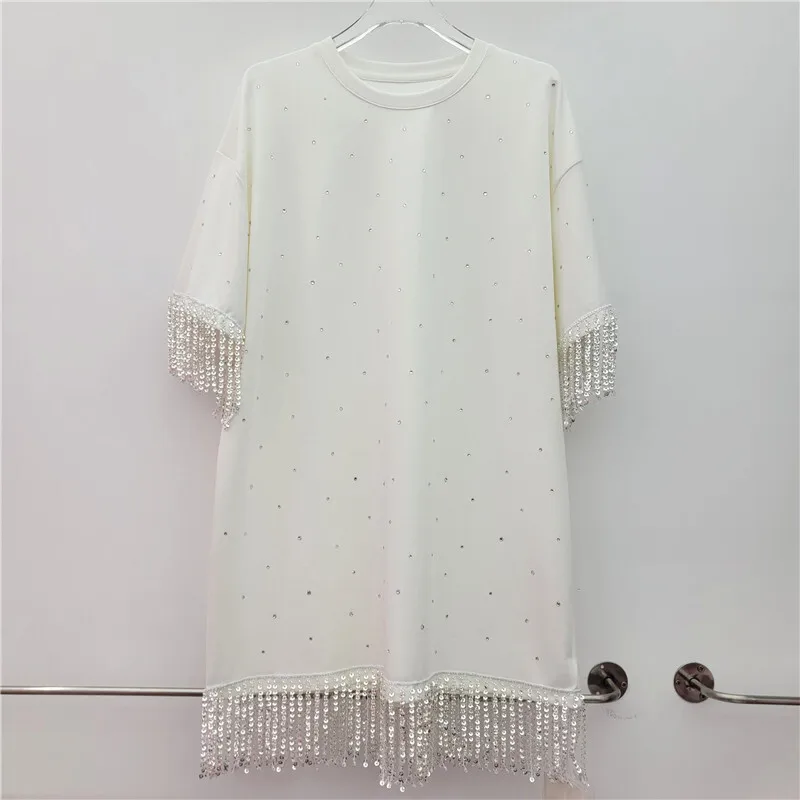 Moda em torno do pescoço renda e strass combinação borla emendado design feminino verão nova rua alta solta topo