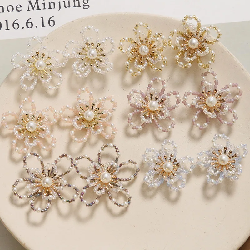 1 Piece Handmade Beaded Double Layer Pearl Flower Shoe Charm for Clogs Clear Crystal Lightweight Soft Sparkly Premium Luxury DIY