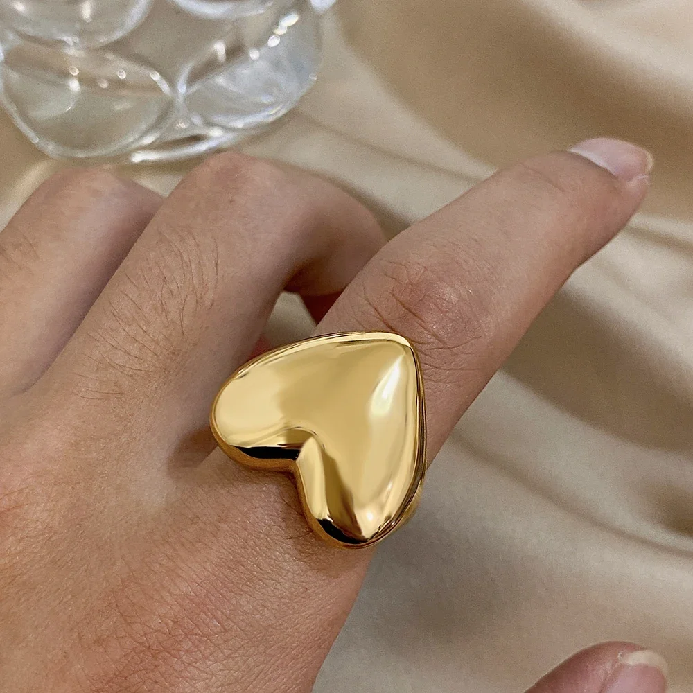 Uorich Simple Popular Stainless Steel Gold Plated Three-dimensional Peach Heart Opening Adjustable Ring for Women Jewelry Gifts