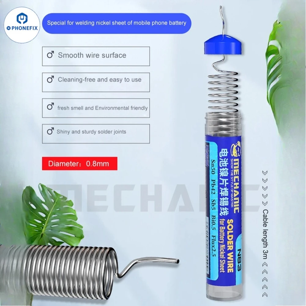 

Паяльная проволока MECHANIC N83 0.8 мм, безотмывочная, высокочистая, из оловянной руды, для ремонта мобильных телефонов, пайки никелевых пластин и аккумуляторов