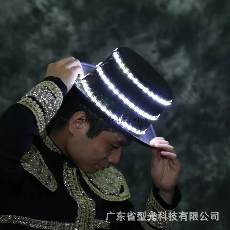 

LED luminous hat always bright white light performance jazz hat sticker diamond dance party KTV bar top hat battery model