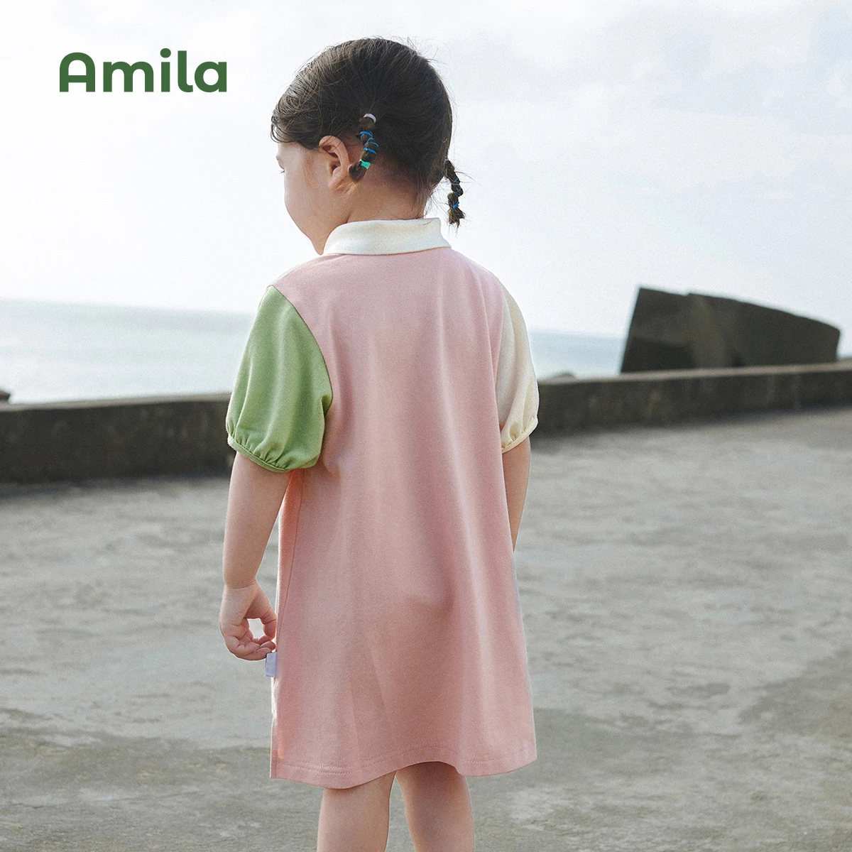 Amila Girls' Dresses Children's Clashing Princess Sleeves Splicing 2022 Summer New Sweet Casual Polo Dress