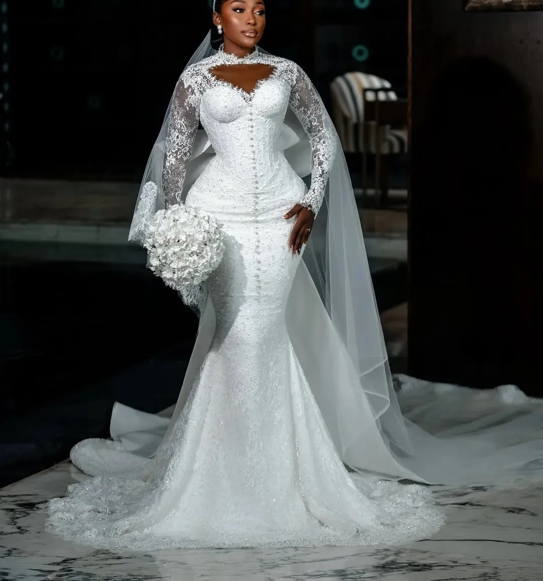 Aso Ebi African Wedding Dress Bridal Gown For Bride Mermaid Wedding Gowns High Neck Long Sleeves Beaded Lace Vestidos De Novia