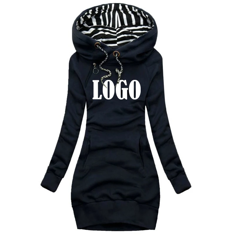 Customized Newest Women Hoodie Solid Color Hooded Long Sleeve Dress Hoodie Drawstring Sweatshirt Long Sweatshirt