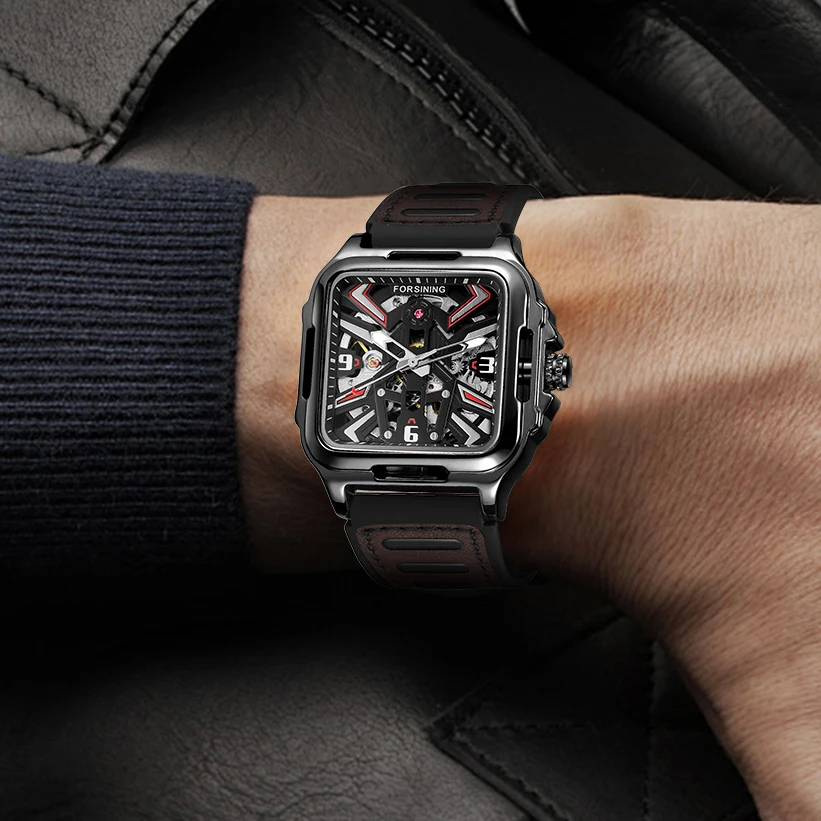 FORSINING Fashion Blue Square Steel Skeleton Mechanical Man Watch Automatic Movement Field Sport Silicone Strap Military Watches