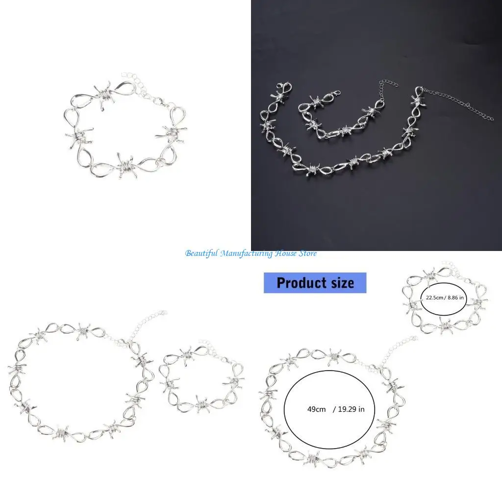 

E56A Alloy Jewelry Set Barbed Wire Brambles Bracelet Necklace Birthday Gift for Men
