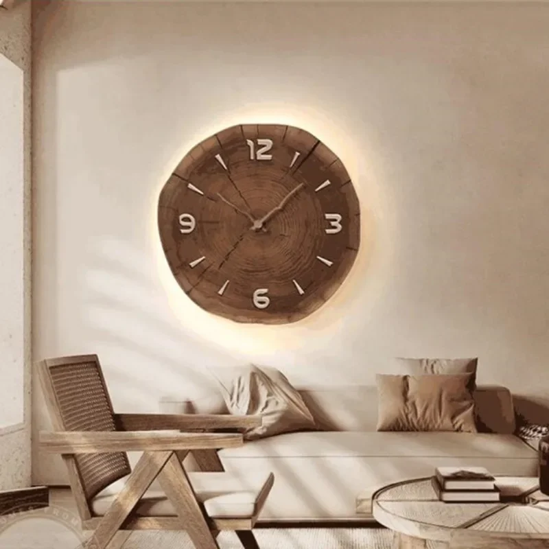 GHJUYIOL Wooden style living room decoration painting annual rings dining room clock hanging clock, sofa background wall hanging