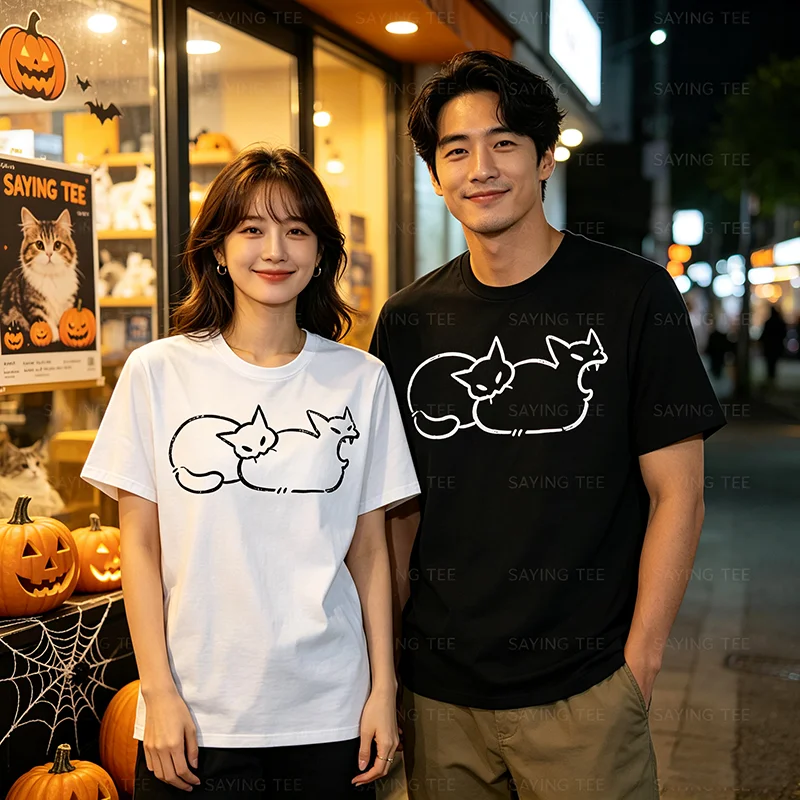 Einfach chillen: Zweiköpfige Katze, gruseliges Line-Art-Grafik-T-Shirt, Halloween-Kostüm, Y2k-Zeichnung, Katzen-Grafik-Bekleidung, neuartiges T-Shirt-Oberteil – Detail 5
